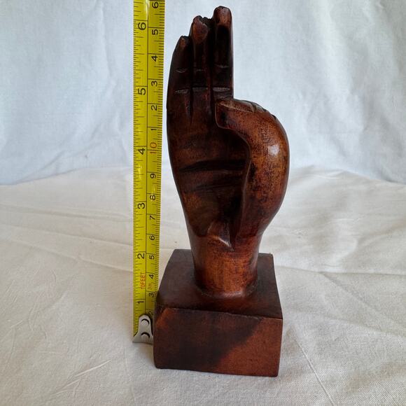 Vintage Walnut Sculpture Hand Symbol OK Gesture Quirky Art - Picture 7 of 9